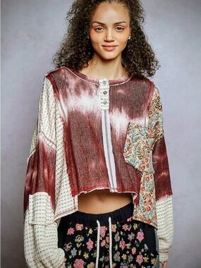 POL L Wildberry Patchwork and Cream Floral Tie-Dye Top
